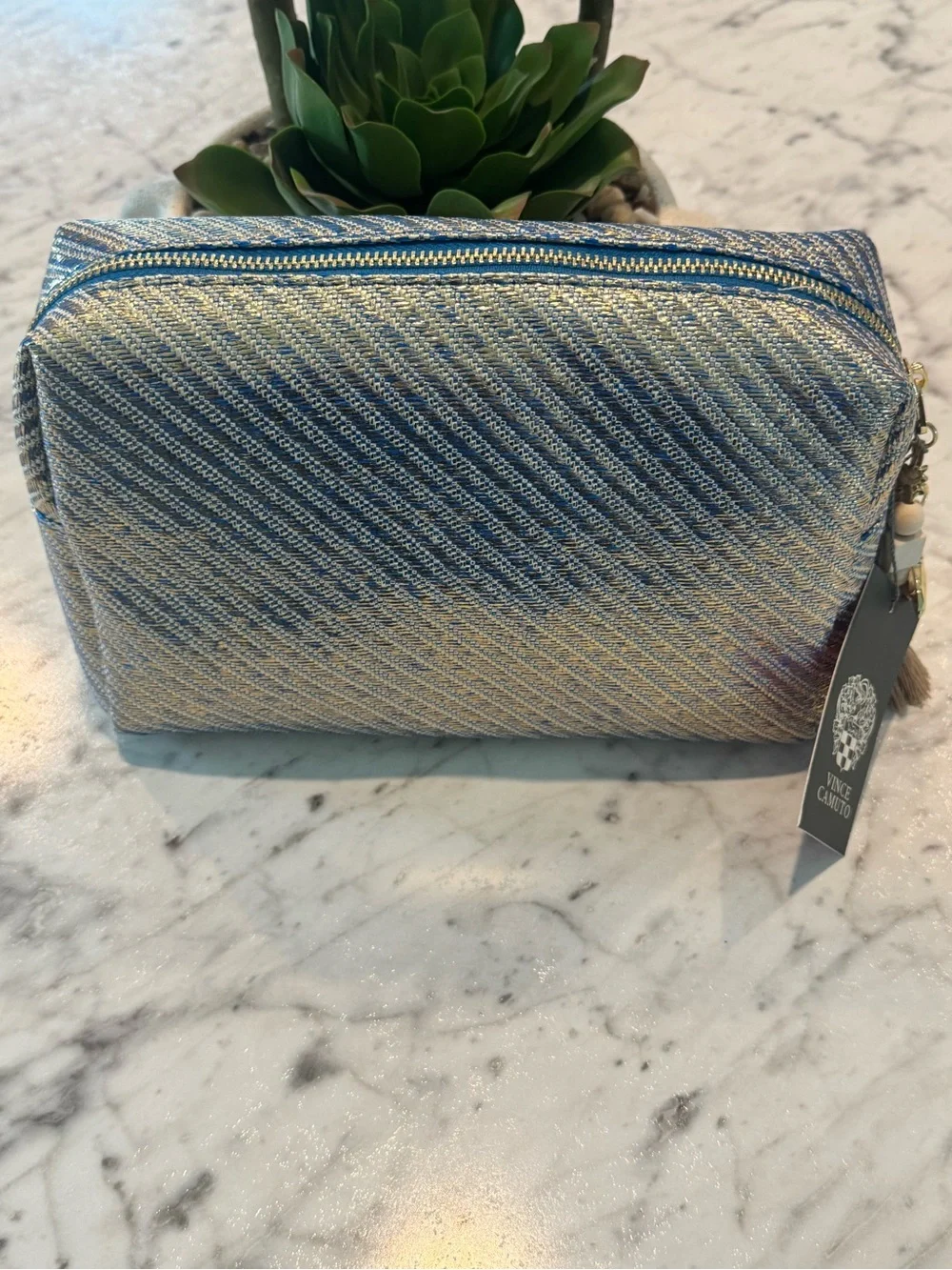 Vince Camuto Metallic Blue Cosmetic Pouch with Charm